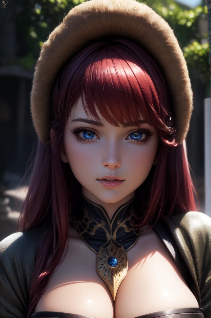 best quality, ultra high resolution, (photorealistic), anime character, 8k resolution, girl, medieval, (druid), random red hair, (ultra realistic hair), (ultra realistic eyes), (beautiful face) super detailed, beautiful eyes, beautiful mouth, big breasts, perfect body, ((only face)) green, ((thin)), ((neckline))