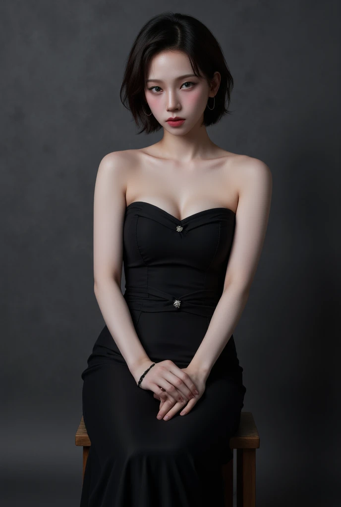 a 20 yo, (curly bob hair), wearing black strapless tanktop, show cleavage, dark theme, soothing tones, muted colors, high contrast, (natural skin texture, hyperrealism, soft light, sharp), retro poster as background, Dark Blue. ((Show big thigh, plump body)). Standing pose. Closing mouth. Polaroid. (Wearing black stocking, garter, Black choker, bunny headbend)