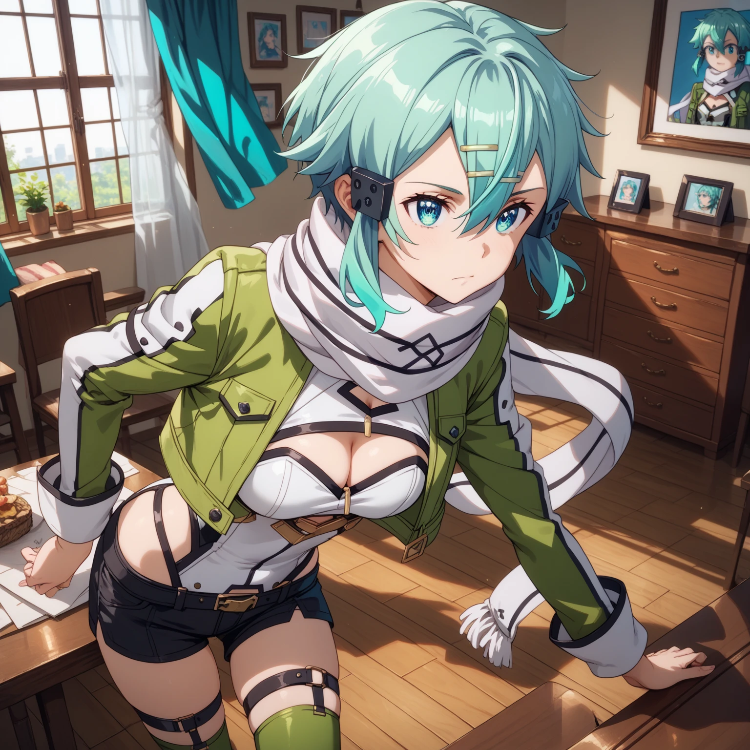 Green hair、Big Brett、gloves、shorts、指なしgloves、scarf、shortpants、黒いshortpants、Anti-material rifles、top-quality、official style,（Asada Shino-SAO-GGO-）,, very aesthetic, best quality, intricate, overall detail, 1 boy and 1 girl, couple, symmetry, sex from behind, full nelson, reverse suspended congress, vaginal penis, rape, restrained, 1 boy, naked, flat chest, large penis, testicles, boy sitting behind her, lifting girl, lean back, both her thighs grab, ejaculation, cum, nsfw, 1 girl, naked, Breast size, collar, shibari, girl sitting on boy's crotch, arched back orgasm, fertilization, folded and held with her legs bent back, m legs, spread legs, straddling, arms behind back, penis in pussy, nipples, navel, {cross-section of uterus}, pussy, ass, crying with eyes open, sad, tearful, sweat, trembling, indoor, bedroom, cowboy shot, facing the front, from outside, close to viewer, couple focus, intricate, highly detailed,