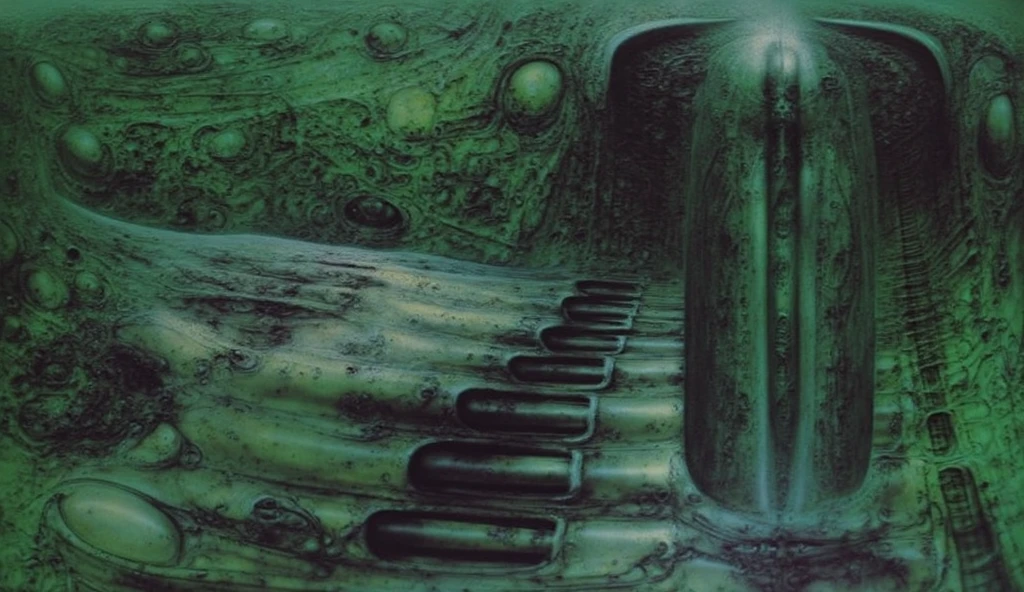 H. R. Giger's g1g3r, , Giger_style, xgiger, The image is a detailed view of H.R. Giger's biomechanical tableau \" LANDSCAPE No 312 \" plate, featuring
a complex, intricate, and detailed design of endless Machine in the transit space under the cascade of fallen water, that appears to be a fusion of organic and mechanical elements, with a focus on central humanoid-like alien astronaut figure insconced in dramatic.The piece is a tableau, most likely created with a India ink pen or pencil on paper, determined by the thin lines, shading techniques, and the texture of the paper, which is visible around the edges.
Used is pen, given the shading and variations in line weight visible in the image. Artist have used a variety of stylus with different degrees of hardness to achieve the shading effects.
 The use of undersaturated green-grays dark contrasts creates a stark and graphic look. Is used a variety of linework techniques to create different textures. Fine, parallel lines create a smooth, metallic texture,while thicker, more cursive lines suggest cables or wires.
Light source from the top highlights skeletals, pper part of foreground, lower part of image is in shadowupper part of foreground, lower part of image is in shadow.
The art performance showcases the artist’s skills in observation and rendering. The level of detail in the piece suggests a close study of real bone specimens and mechanics. The artist has skillfully used shading techniques to create a convincing illusion of three-dimensionality on a flat surface. The wrinkles and cracks in the surface, and the cast shadows with accuracy, used shading techniques to create a realistic depiction of light and shadow on the objects. This creates a sense of depth and dimension in the image.  The artist has used careful linework to depict the contours and textures in the piece, (Triadic:1.1), (Proportion:1.1),  , (Reflected light:1.2), Parchment, , ultra detailed, intricate,, dry b (best quality:1.4), H.R. GIGER,  BY GIGER