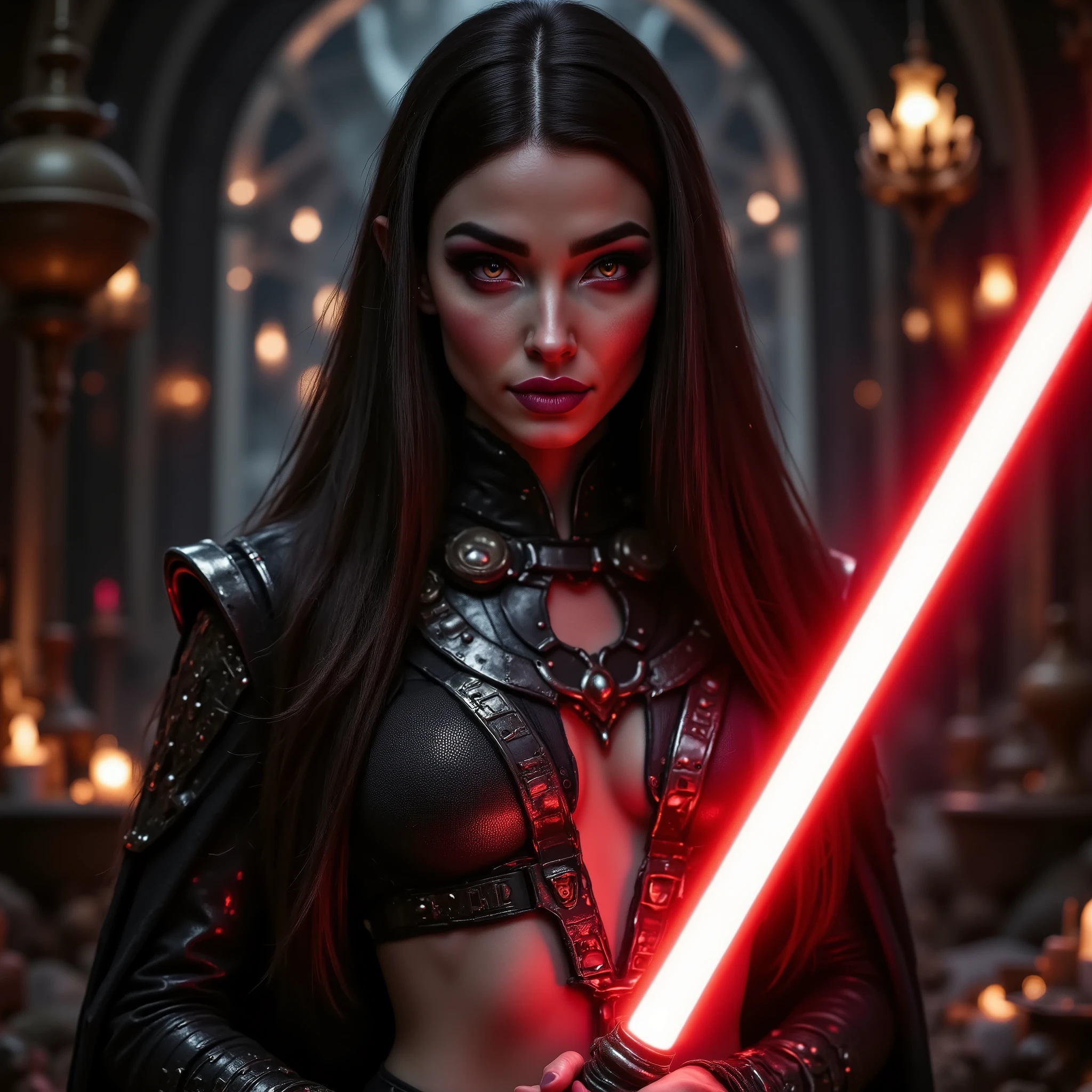 full body shot, female warrior, sith lord, star wars, red lightsaber, intricate details,beautiful detailed eyes, beautiful detailed lips, extremely detailed face, long eyelashes, evil look, diabolic, dramatic lighting, dark fantasy, chiaroscuro, cinematic composition, dramatic pose, dynamic action, moody atmosphere, deep shadows, vibrant colors, photorealistic, 8k, masterpiece