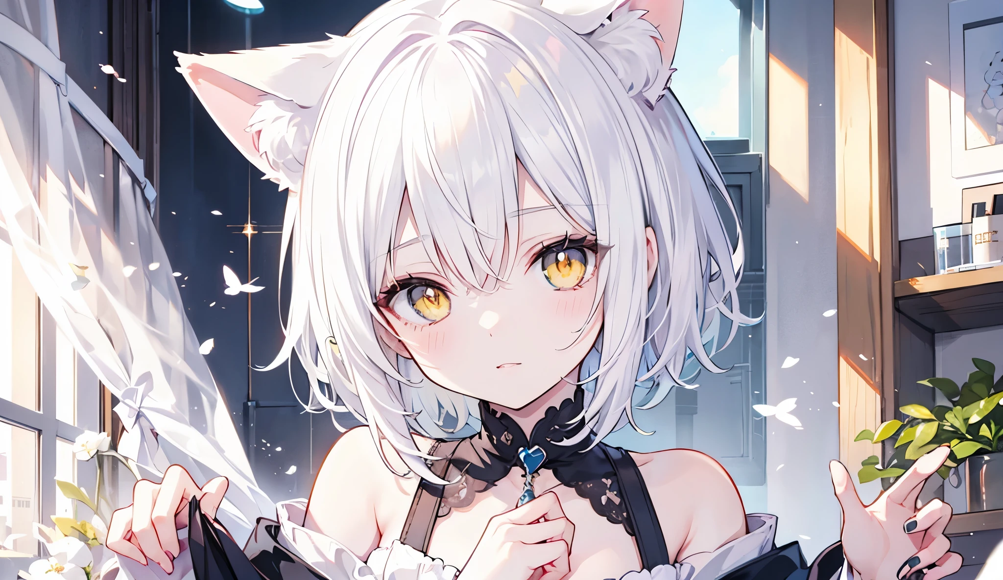 Short hair，White hair，Yellow pupil,Cat ears，Cat&#39;s Tail，Casual wear， high quality