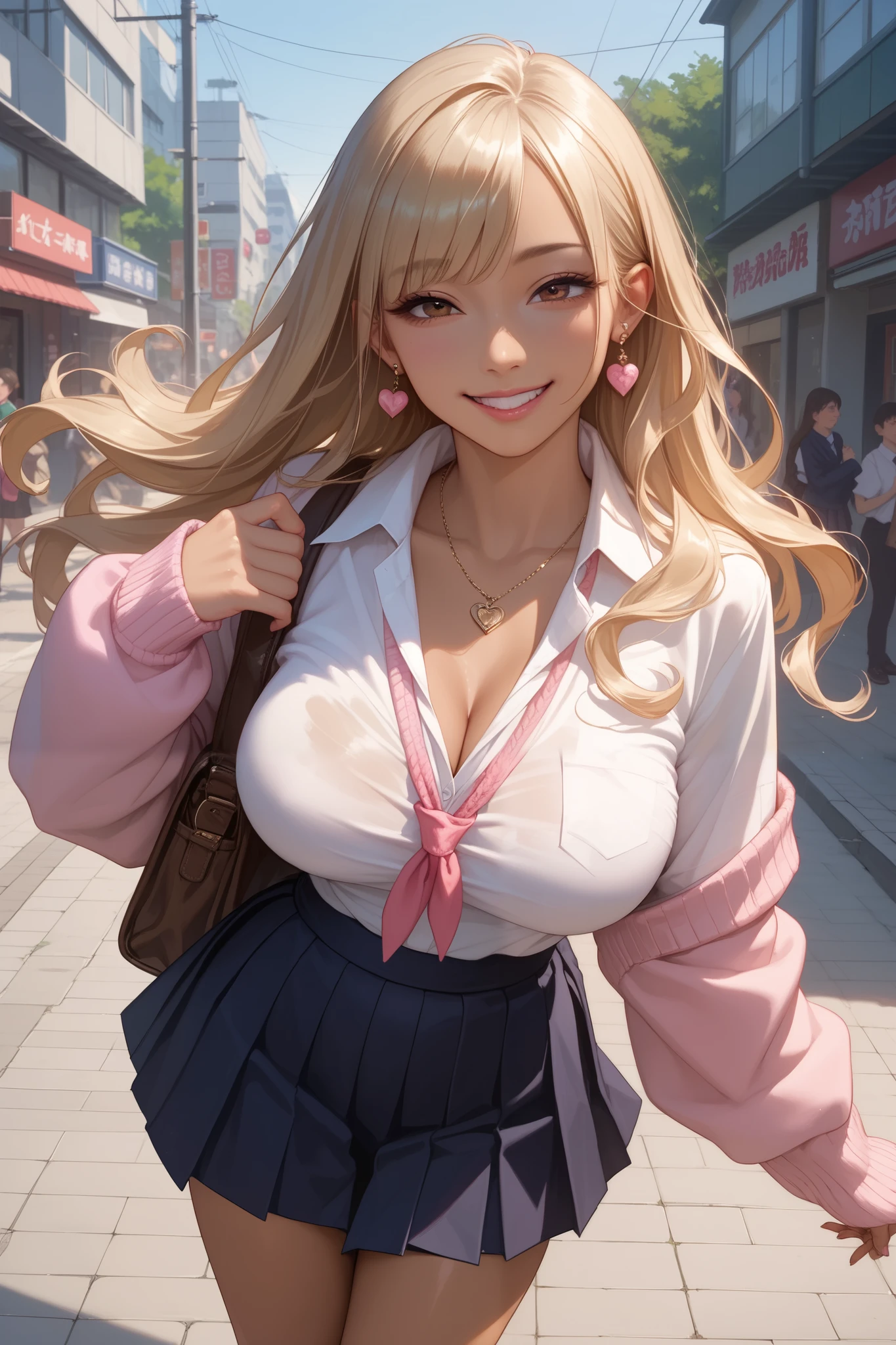 score_9, score_8_up, score_7_up, score_6_up, score_5_up, score_4_up,
1girl,Alone:1.2,(tan Skin:1.3)
beautiful Japanese girl,large breasts,Small waist,complete body,
school uniform, baggy pink knit sweater, white collared-shirt, yellow ribbon on neck, dark pleated skirt, mini skirt, A-line, white loose socks, loafers,
break,japanese girl,gravure,
good hand,blonde long hair,gal,necklace,earrings,(brown eyes),
BREAK,
evil smile,seductive smile,half-closed eyes,She is standing, her hair and skirt are blowing in the wind, exposing a small portion of her panties.
