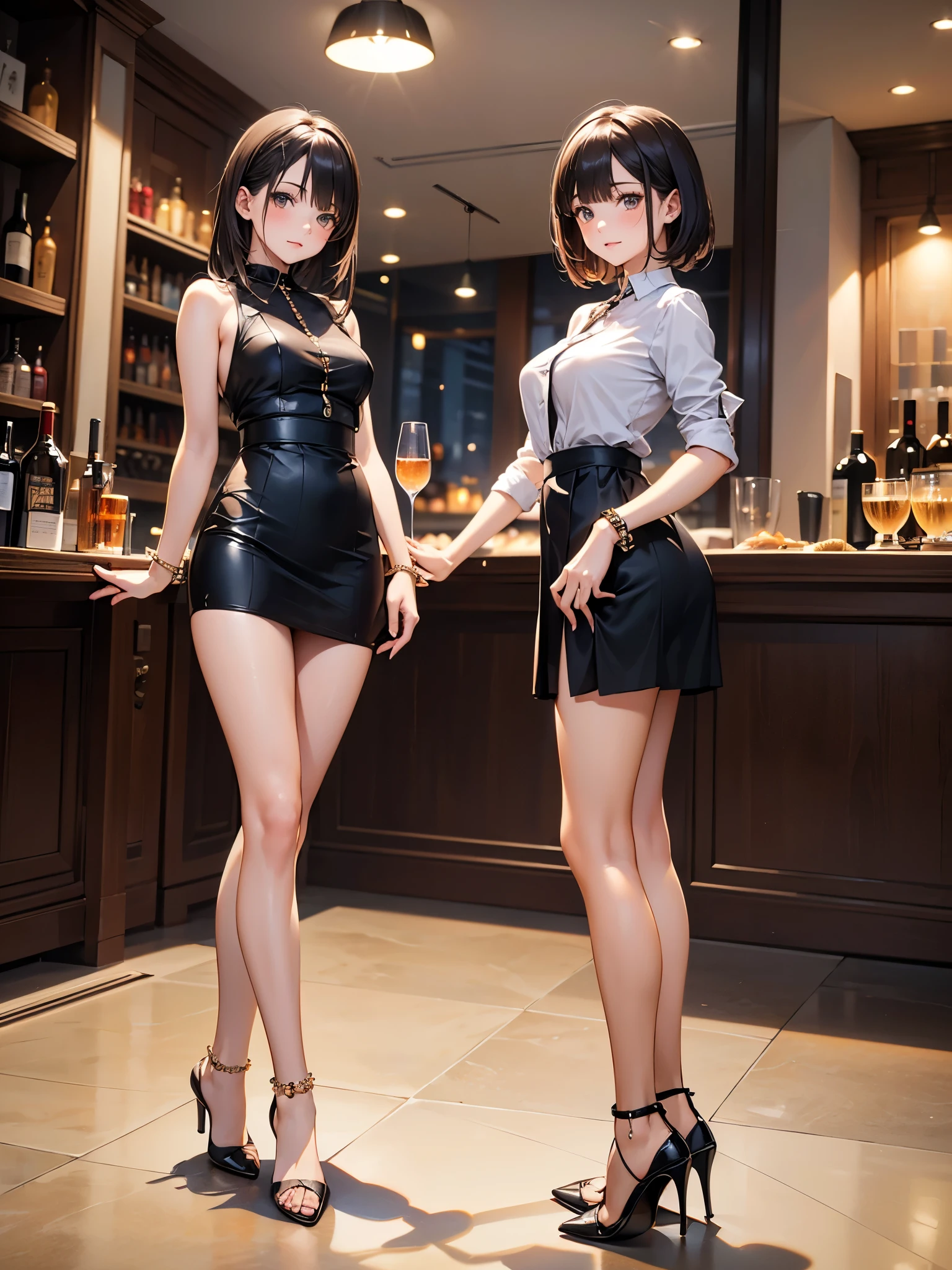 (masterpiece:1.3),(best quality, highest quality),((Full Body Shot,Including face)),1girl,Standing position,4K,masterpiece,((Focus on the face)),((Symmetrical facial features)),Beautiful woman,slender,Beautiful feet,((High heels,Patterned stockings with straps)),Detailed depiction of the face,bar counter,Bartender uniform,Realistic,Apron appearance,Shaker、
