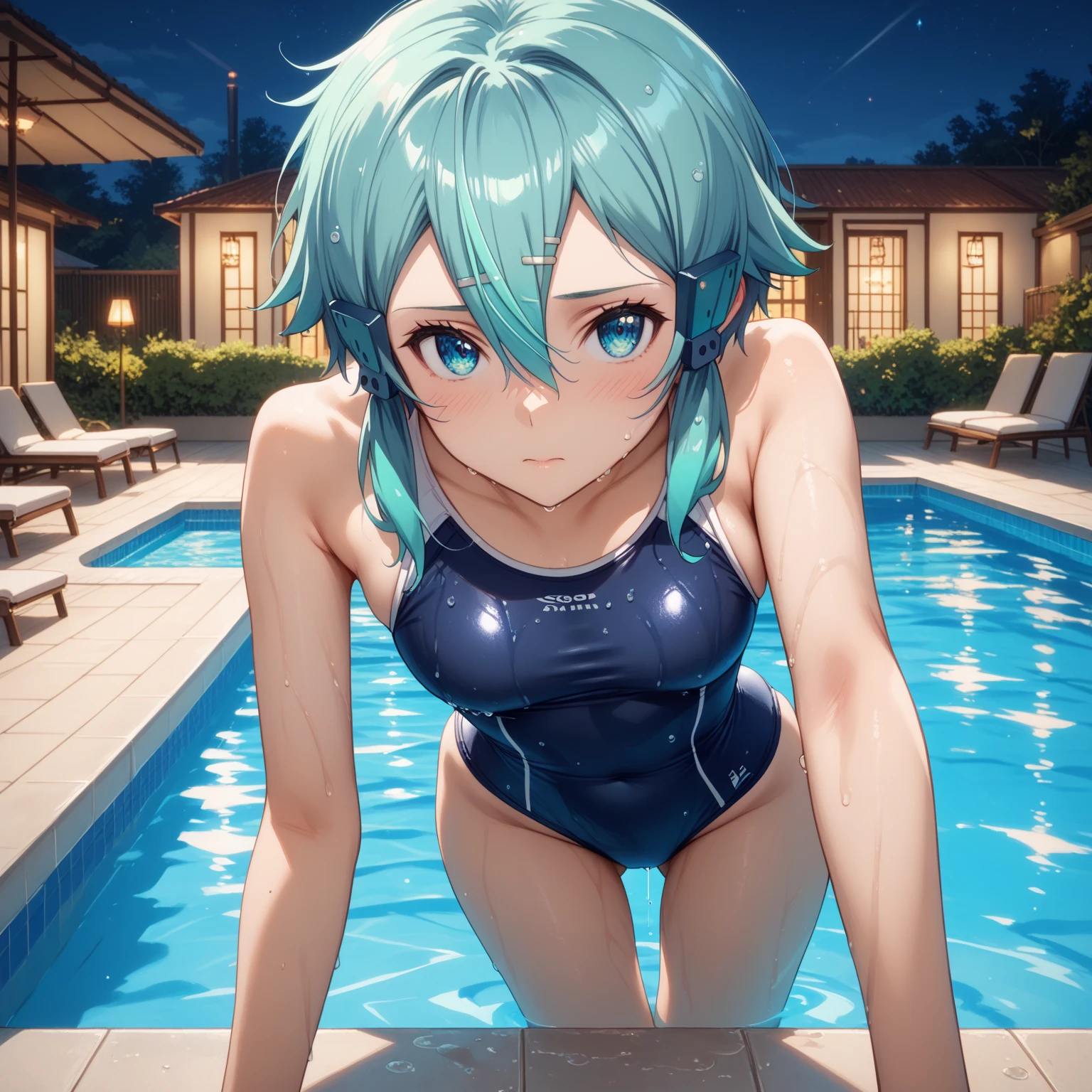 shino asada, hair between eyes, short hair, sidelocks, blue eyes, aqua hair, hair clip, hair ornament, one-piece swimsuit, sexy pose, blush, shy, Pose seductively, Posing provocatively, Wet body, pool, night, looking at viewer, Body tingling, Beautiful view, good atmosphere, Thigh