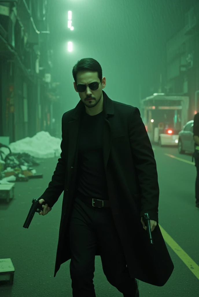 a young man, about 30 years old, in dynamic pose, wearing a The Matrix costume, overcoast, dark glasses, holding 2 pistolas, in action scene, dynamic Angle, handsome man, in a storm, looking FRONTwards, bokeh top cinematic lighting, Green filter. Hyperrealistic, detailed, intricate, 4K, skin Textures, glowing.