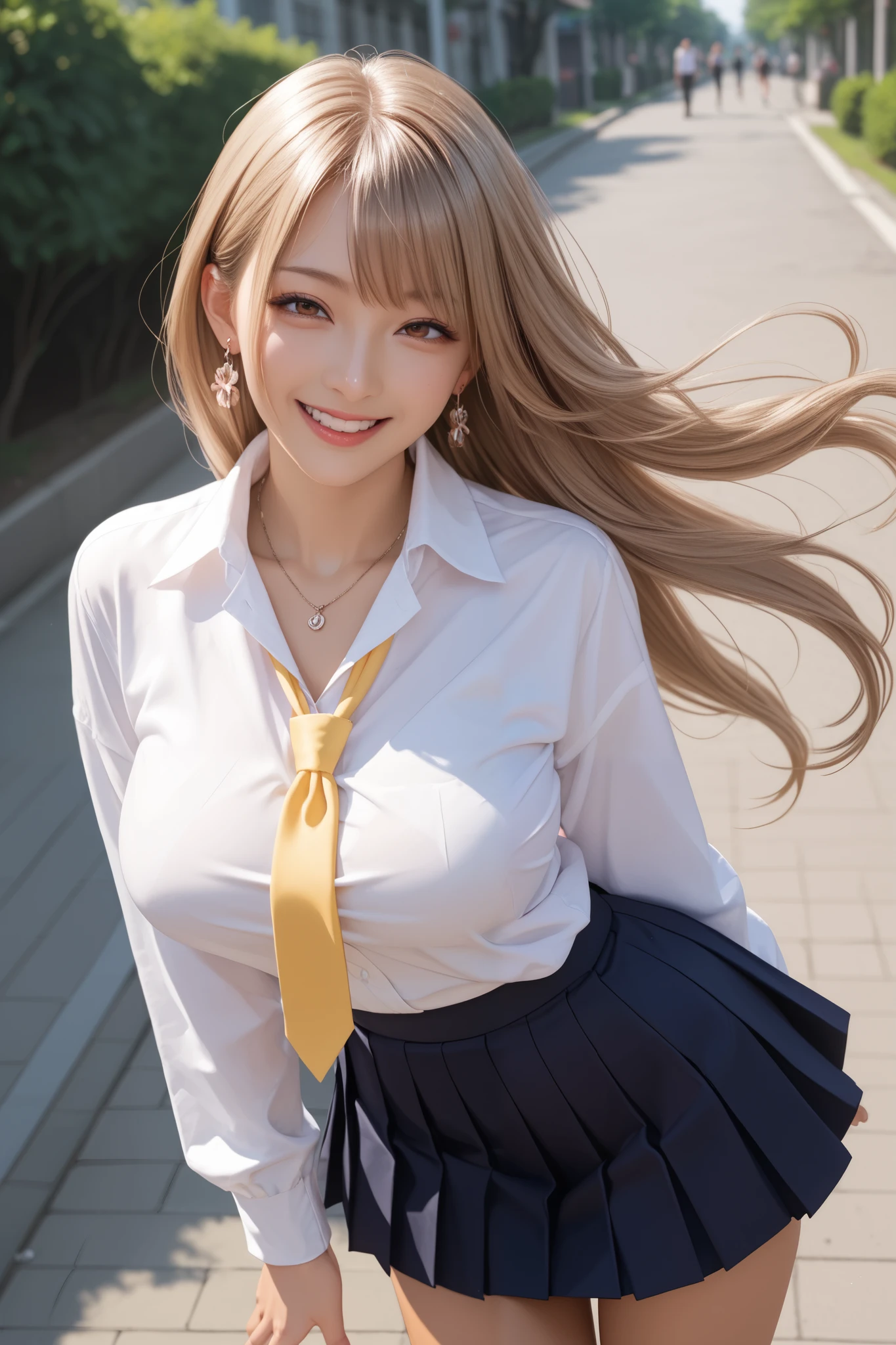 score_9, score_8_up, score_7_up, score_6_up, score_5_up, score_4_up,
1girl,Alone:1.2,(tan Skin:1.3)
beautiful Japanese girl,large breasts,Small waist,complete body,
school uniform, baggy pink knit sweater, white collared-shirt, yellow ribbon on neck, dark pleated skirt, mini skirt, A-line, white loose socks, loafers,
break,japanese girl,gravure,
good hand,blonde long hair,gal,necklace,earrings,(brown eyes),
BREAK,
evil smile,seductive smile,half-closed eyes,She is standing, her hair and skirt are blowing in the wind, exposing a small portion of her panties.