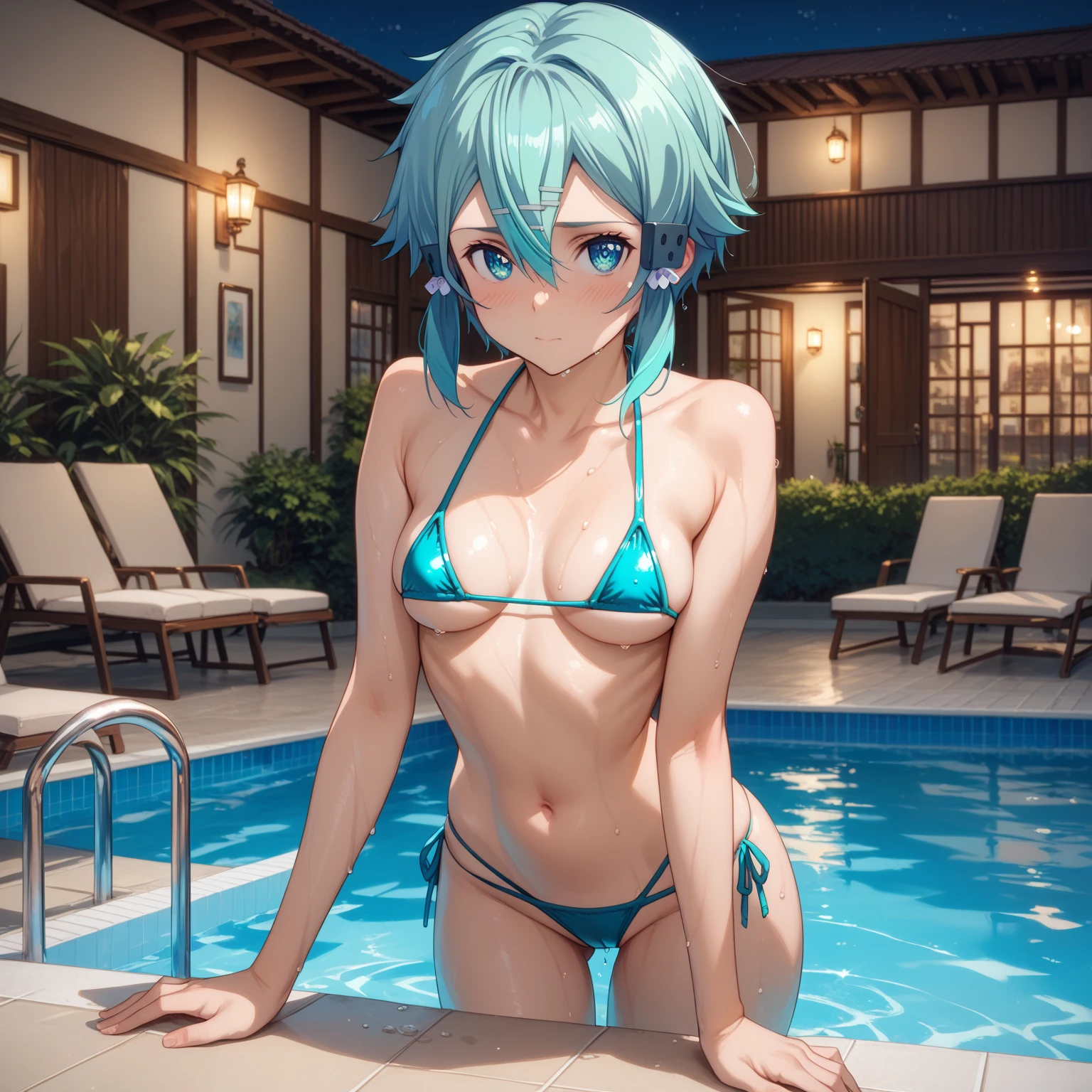 shino asada, hair between eyes, short hair, sidelocks, blue eyes, aqua hair, hair clip, hair ornament, Bikini Swimwear, Bikini bottoms, sexy pose, blush, shy, Pose seductively, Posing provocatively, Wet body, pool, night, looking at viewer, Body tingling, micro bikini bottoms, micro bikini, Thigh