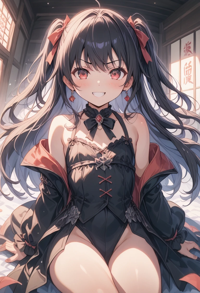 masterpiece, best quality, ultra-detailed, glistening shiny, glowing light, ray tracing, HDR, deph of field, (perfect face, detailed face), lucelia, very long hair, flat chest, black eyes, two side up, pointy ears, demon horns, demon wings , black dress, red skirt, layered dress, red thighhighs, necklace, armlets, wristbands, skirt lift, thong
