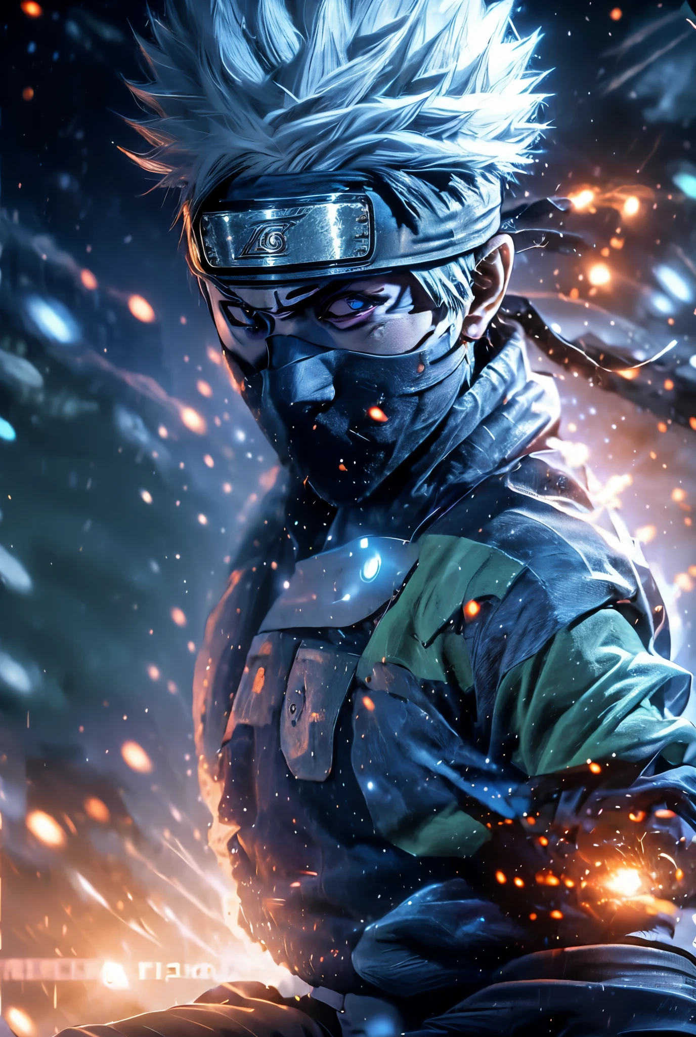 close-up detailed portrait of Kakashi Hatake from Naruto, hyper realistic, glowing blue eyes,dramatic, gritty, intense expression, best quality, 8k, insane details, intricate details, hyperdetailed, high quality, masterpiece, mid shot, macro shot, holographic reality, holographic halo, motion blur, game light effect, rim light, soft light, movie rim light, delicate light, cyberpunk style, oil painting texture, full length shot, 3D artist, detailed, futuristic, lightning,