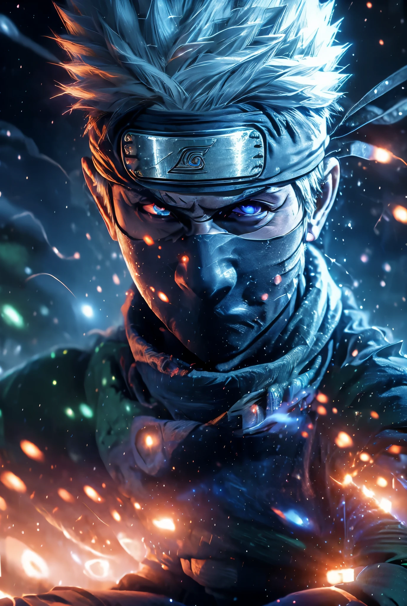 close-up detailed portrait of Kakashi Hatake from Naruto, hyper realistic, glowing blue eyes,dramatic, gritty, intense expression, best quality, 8k, insane details, intricate details, hyperdetailed, high quality, masterpiece, mid shot, macro shot, holographic reality, holographic halo, motion blur, game light effect, rim light, soft light, movie rim light, delicate light, cyberpunk style, oil painting texture, full length shot, 3D artist, detailed, futuristic, lightning,