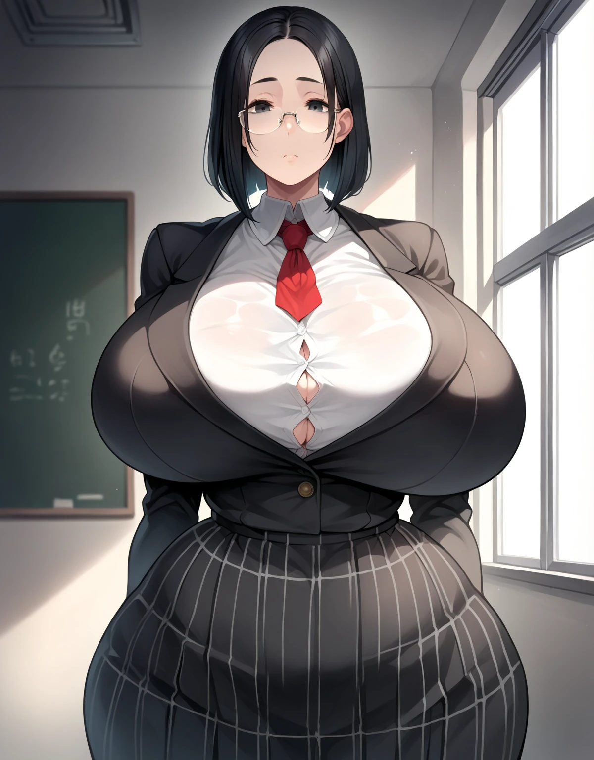 1 girl, alone, huge breasts, black hair, black eyes, indoors, empty classroom, empty folders, day, white skin, female school uniform,  black school jacket that frames your figure closed, jacket jacket reaches to the hips and has loose lace, white shirt, red tie, black plaid skirt, wide hips , medium hair, glasses, expressionless look, mouth closed, standing, facing the viewer, calm, masterpiece, best quality, incredible quality, very aesthetic, absurd, the newest, wide hips, slanted eyes, hair between the eyes, face elongated, huge breasts, american plane, portrait, straight bangs, medium hair, straight bangs, hair covers the forehead, medium hair with straight bangs, salón de clases grande, frontal angle, erección mamaria, wide waist, plump body, plump, cintura ancha.