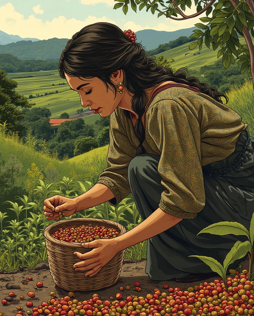 The ancient young female Javanese Coffee beans picker, picking ripe coffe cherries atn the ancient Arabica coffe hilly plantation