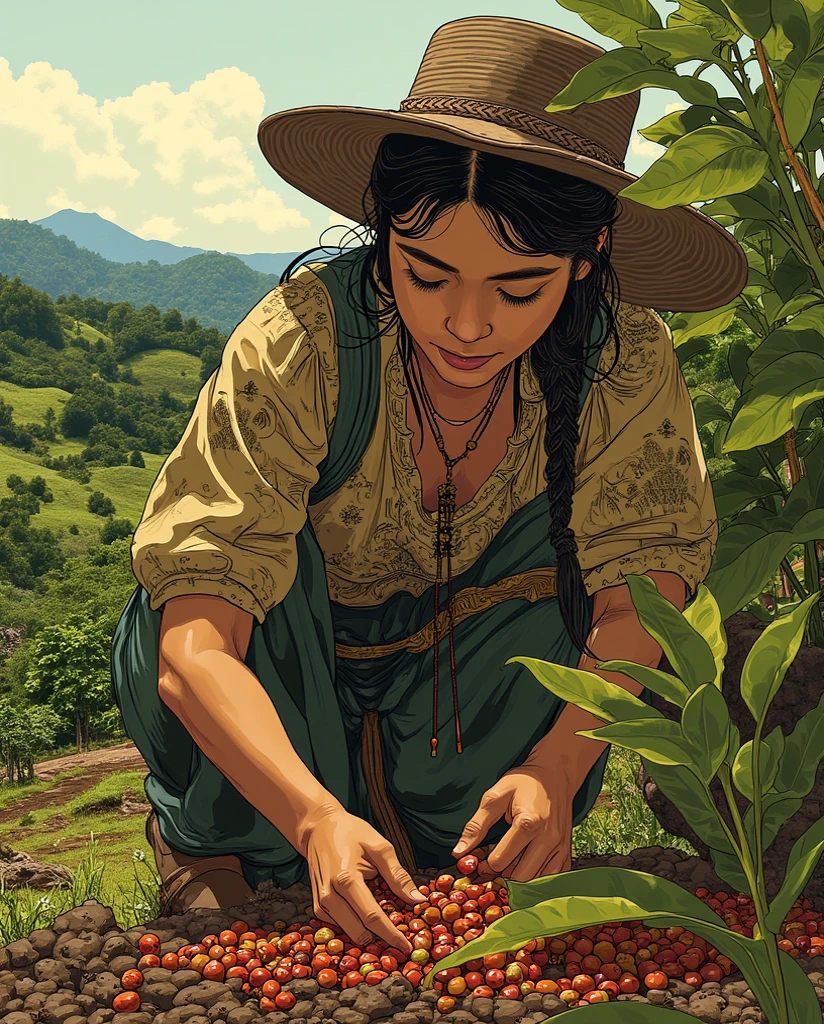 The ancient young female Javanese Coffee beans picker, picking ripe coffe cherries atn the ancient Arabica coffe hilly plantation