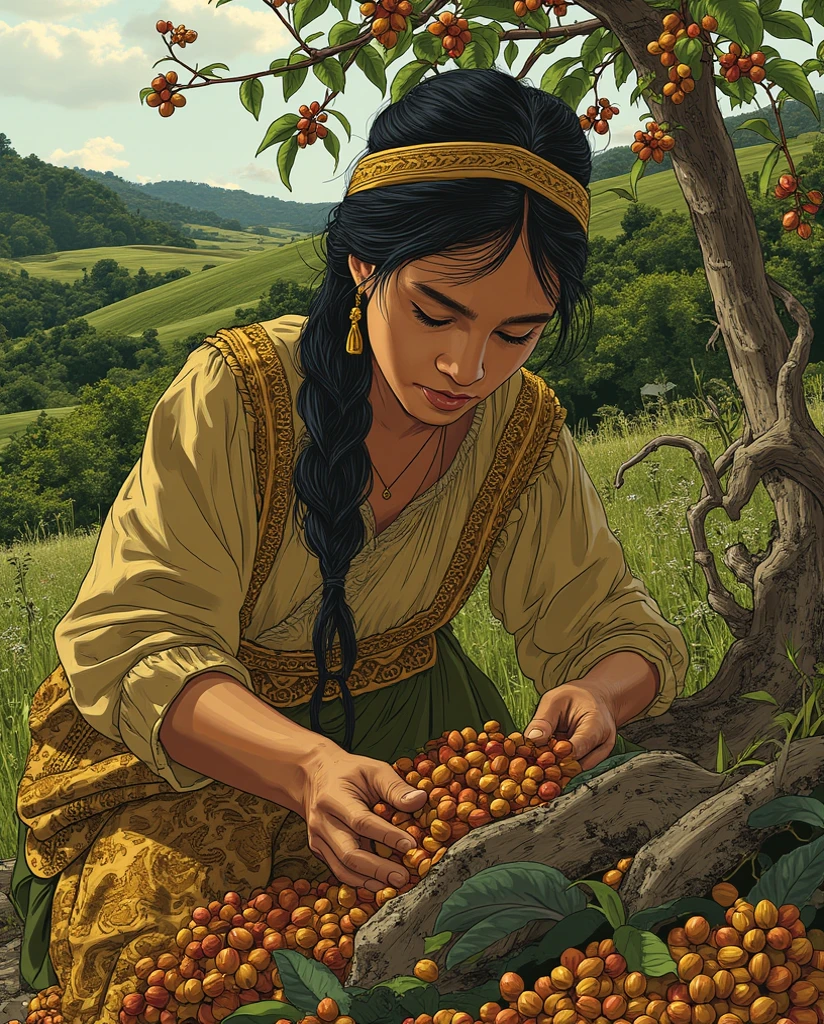 The ancient young female Javanese Coffee beans picker, picking ripe coffe cherries atn the ancient Arabica coffe hilly plantation