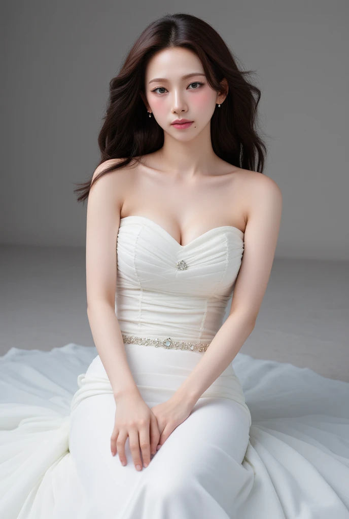 1girll,tmasterpiece,Best quality at best,(ultra - detailed:1.3),Unity8k wallpapers,(1girll:1.2),Samwood style,(Foto realism:1.4),face_Focus,Upper body,(looking at viewert:1.2),closeup cleavage,long whitr hair,(Flowers in hand:1.3)solo person,cparted lips,blur backgroun,Bridal veil,wedding gown,Full body like,Sharp:1.2, A fashion model,Show off beautiful slender legs,Unique and delicate fingers,silver high heels, A fashion model,dynamicposes,