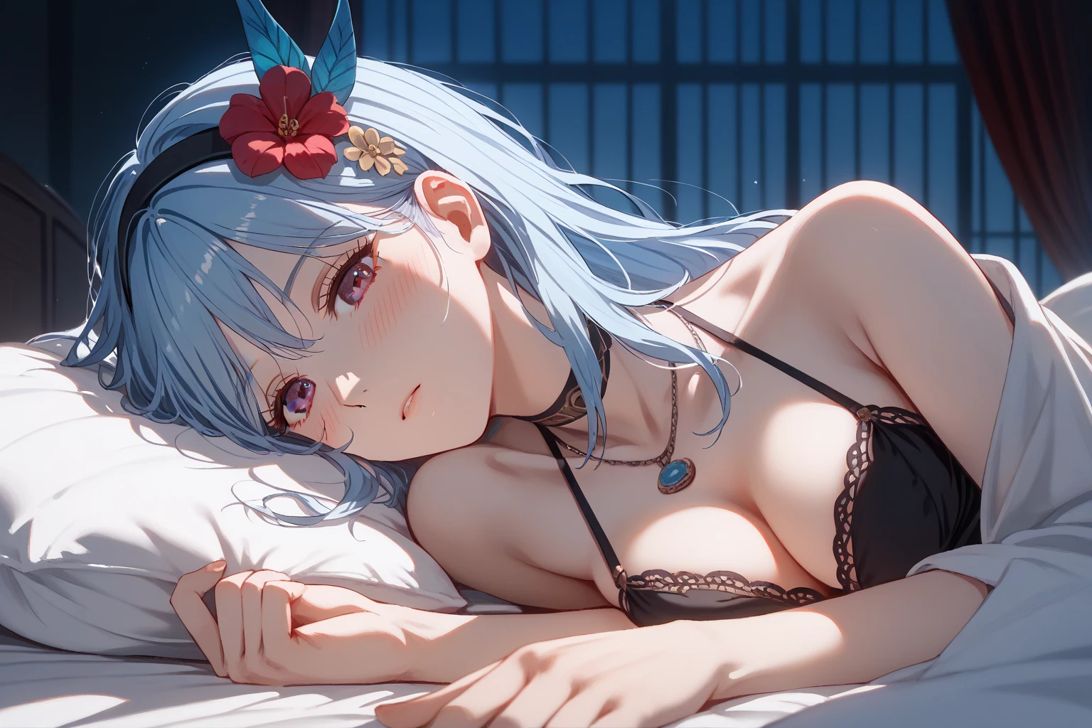 drk1,Lying down,bed,Blushing,View your viewers,Open Mouth Smile,Face close up