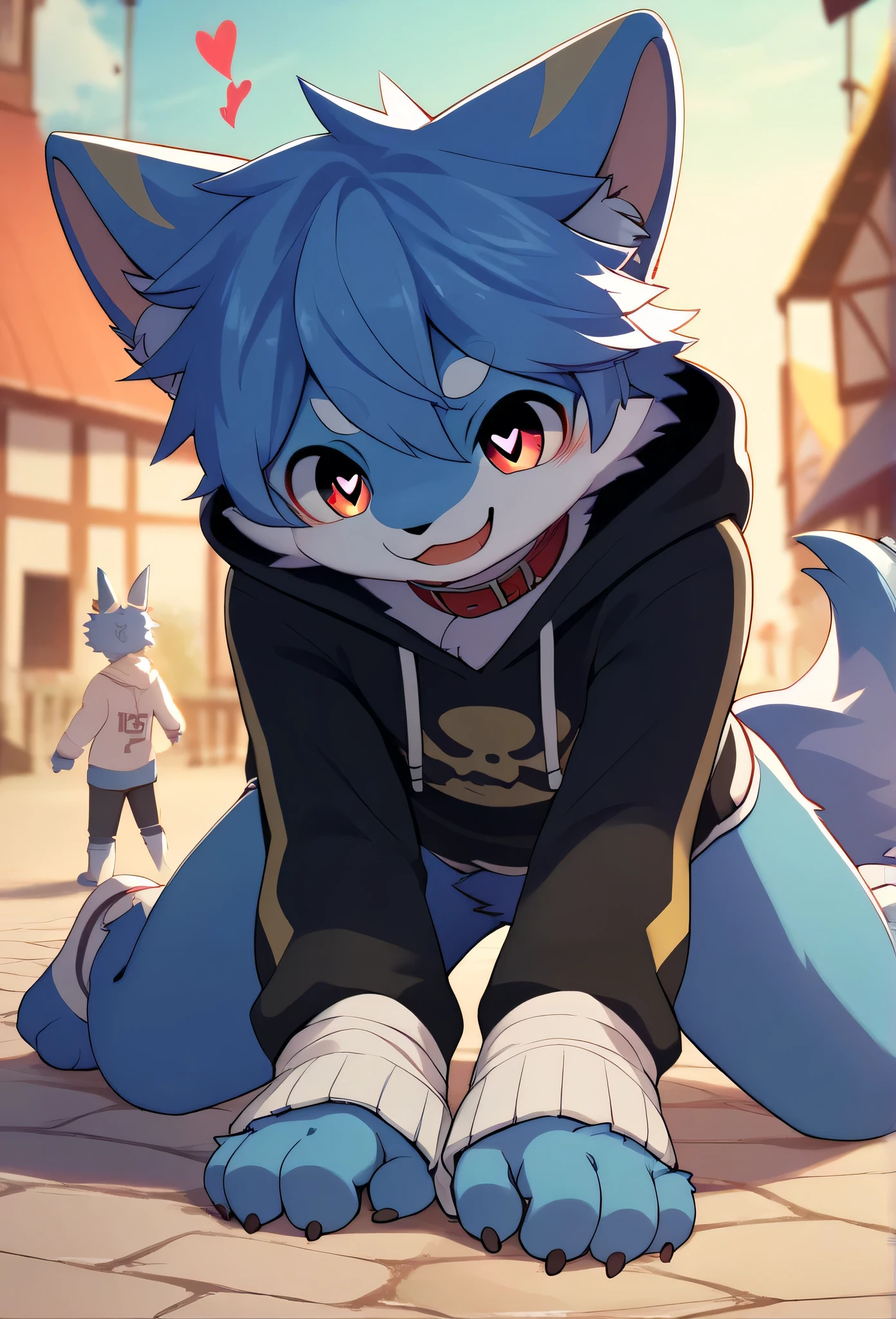 very detailedな, very detailed,Blue fur,Blue Hair,male,骨を見て excited,Heart Eye,participate,Connect the red collar to the string, cute face, something like fluffy fur , excited,Horny boy, on all fours ,smile,,doll,Dropped ears,town, my mental age ,furry couple, male and female kemono characters, anthropomorphic, romantic pose, detailed fur texture, beautiful lighting, fantasy background, high quality, 4K resolution,furry couple, male and female anthro characters, detailed fur texture, romantic pose, wearing collars with leashes, holding hands, fantasy background, high quality, 4K resolution,Estrus season,Blue furの黒いショートパンツ, Sweatshirt , Long Sleeve ,trend,