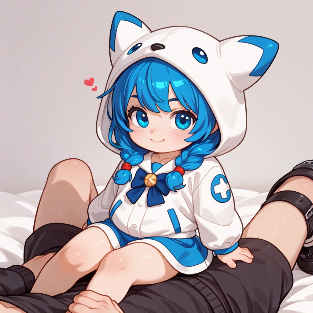 "A young boy with bright blue hair , bright skin, and the soft expression . Wearing a white T-Rex costume , T-Rex hood .  The boy sitting.  The background is plain black , holding lolipop , gives full focus to the character of the boy, cute chibi ."