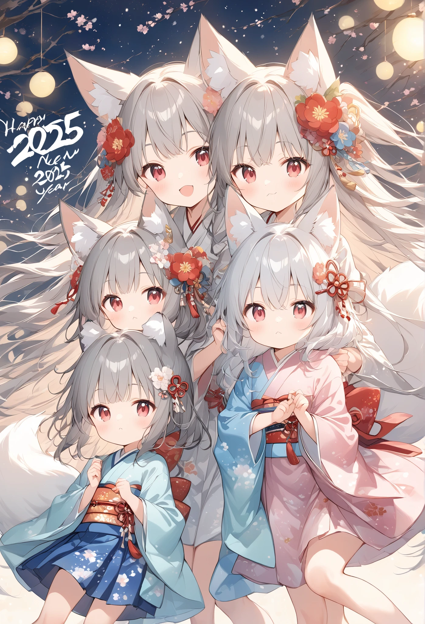 thin and soft painting style 、wallpaper、White fox girl 、 gray hair、 Smooth Long Hair 、 fox ears、 fluffy fox tail 、Ruby Eyes、Slanted Eyes、 cute、:<, "2025",Happy_New_Year!、Japanese Furisode、 dress、桜色の可愛い dress,Light effects