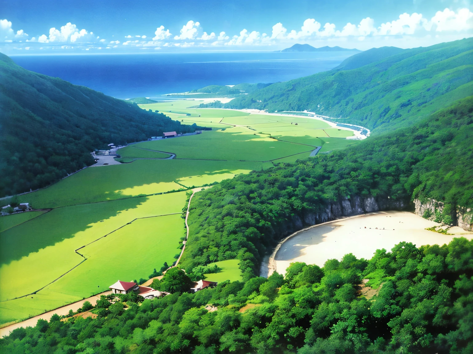 A breathtaking aerial view of Réunion island, showcasing its lush green mountains, pristine beaches. The scene is bathed in warm sunlight, with a light mist rising from the valleys. The ocean surrounds the island, glistening in shades of blue and turquoise. The atmosphere feels serene. comics