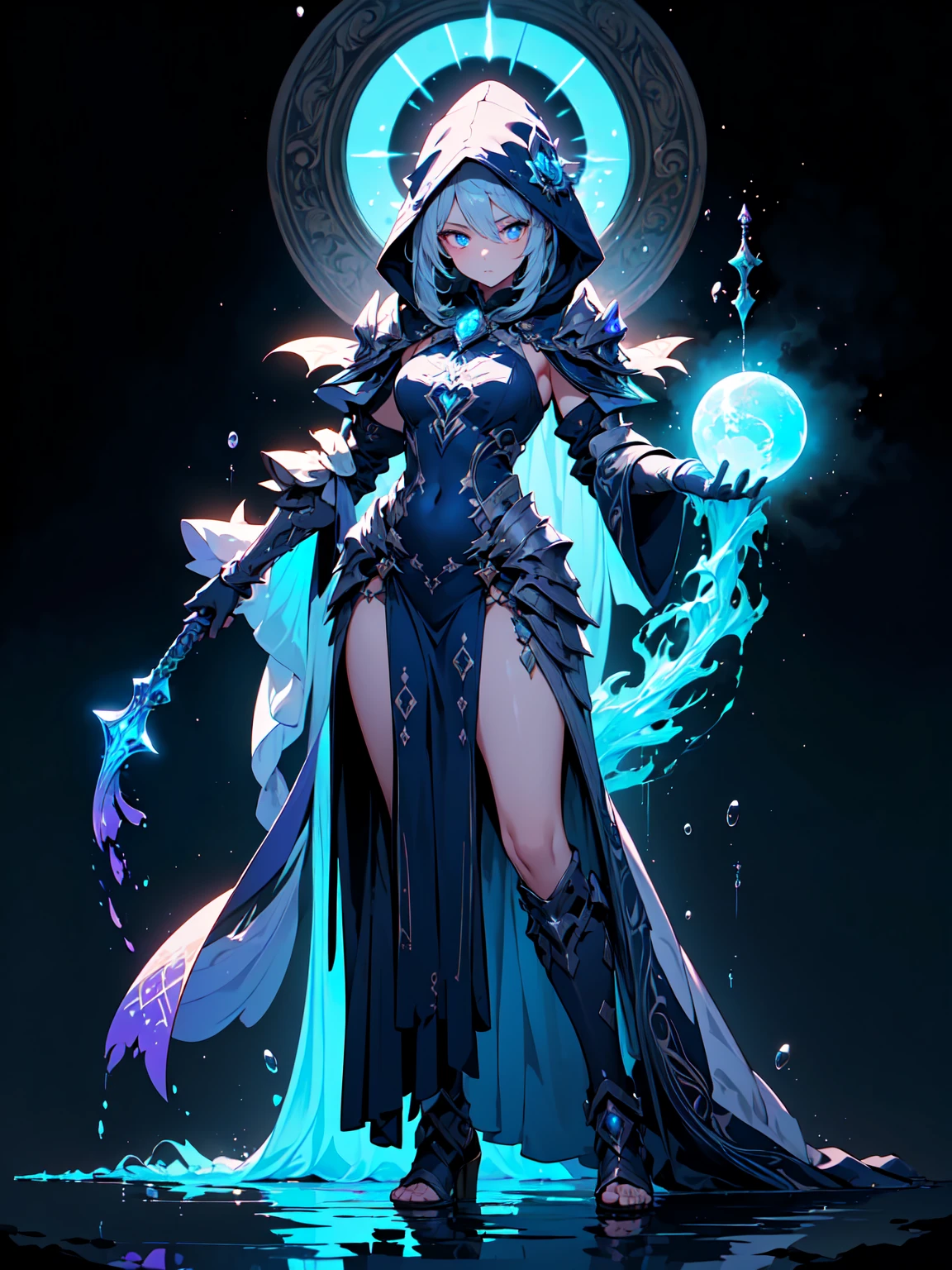 A woman in a black dress holding a glass and a walking stick, Magician throwing ice balls, Ice Mage, ice spell, Ice Mage, From Arknights, With the power of ice, Ice Queen, Fate Grand Order, Splash art anime , Ayaka Genshin Impact, arcane art style, Digital art on pixiv