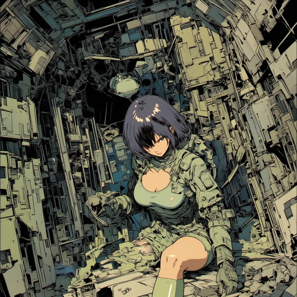 A dystopian  scene with a woman slave for thr army , in a military bunker,  pretty, big breasts, thun petite body, made by Katsuhiro Otomo. Set in Japan after World War III, SF manga depicting a collapsed world, anime, Studio 4 °C, Tensai Okamura