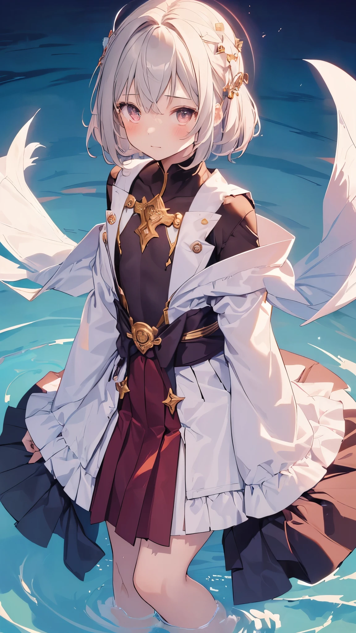 (( top quality、 complete anatomy)), girl 、((( One Japanese person、Petiteな girl 、ren、Young、 flat chest、 brownish white hair 、 hair that reaches the shoulders 、 small chest 、 girl 、 is short、Petite、flat breast,jumping,Very small stature、Young girl 、 Fantasy Outfits 、 Wizard's Robe、Thin Robe、small robe、extend windup skirt.Gust of wind、skirt lift,