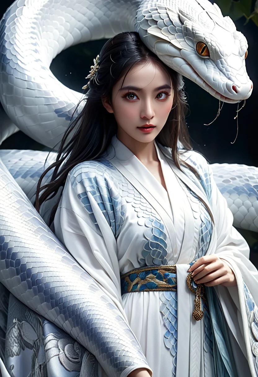 1 white snake, detailed realistic scales, striking eyes, forked tongue, slithering motion, intricate patterns, hyper realistic, , beautiful detailed eyes, elegant robe, glowing ethereal aura, intricate scales, glowing eyes, dramatic lighting, rich colors, vibrant, cinematic, award winning digital art, 8k, hyper detailed, photorealistic, ethereal, magical, mystical