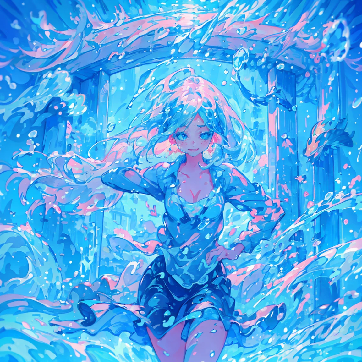 1girl,solo,cute,bigbreast,cleavage,dancing in the water,covered with water particles,water splashing face,flowing water,covered with water,hair ends with water stream,water explosion,water splashes,blue,pink