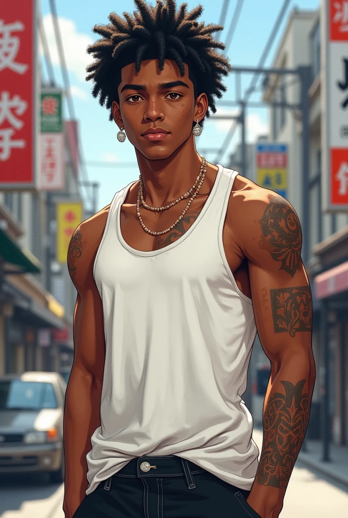 A film inspired by Disney Pixar (YOUNG WHITE MAN WITH LONG CURLY BLACK HAIR) He is walking through the city streets, with a gun on his waist, no shirt on the body, with a tattoo on his body with the name WY STRONG SIL, wide pants with many pockets black color, black sneakers, many gold threads around the neck, gold watch on wrist. pixar, Cool and stylish