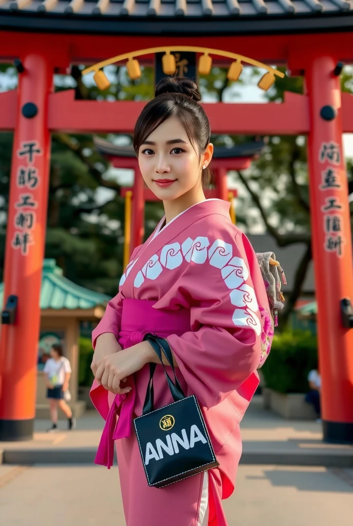 smile, ((pink Japanese kimono)), ((japan temple)), ((Red Torii Gate)), ((first visit of the year to a japan shrine)), (Holding a bag with “ANNA” written on it with both hands), earring, high resolution, in 8K, prominent areola, RAW  photos in anime colors graphs, top quality, masterpiece, erotic, Knee, Small face, Big Breasted, top quality, high resolution, RAW photos in anime colors, beautiful, 1 person, very cute, Japanese women, is standing, (realistic1.4), photon mapping, realistic, cute, adult female, written border depth, photos in anime colors, body, Nose Soft, no makeup, Sparkling Eyes, Clear eyes, detailed mascara, detailed eyelash, detailed eyes, Symmetrical eyes, Glossy lips, too bright natural light, bun hair, brighter sun