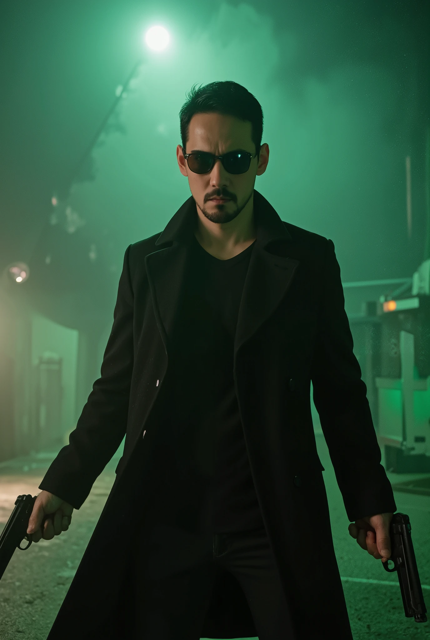 a young man, about 30 years old, in dynamic pose, wearing a The Matrix costume, overcoast, dark glasses, holding 2 pistolas, in action scene, dynamic Angle, handsome man, in a storm, looking FRONTwards, bokeh top cinematic lighting, Green filter. Hyperrealistic, detailed, intricate, 4K, skin Textures, glowing.