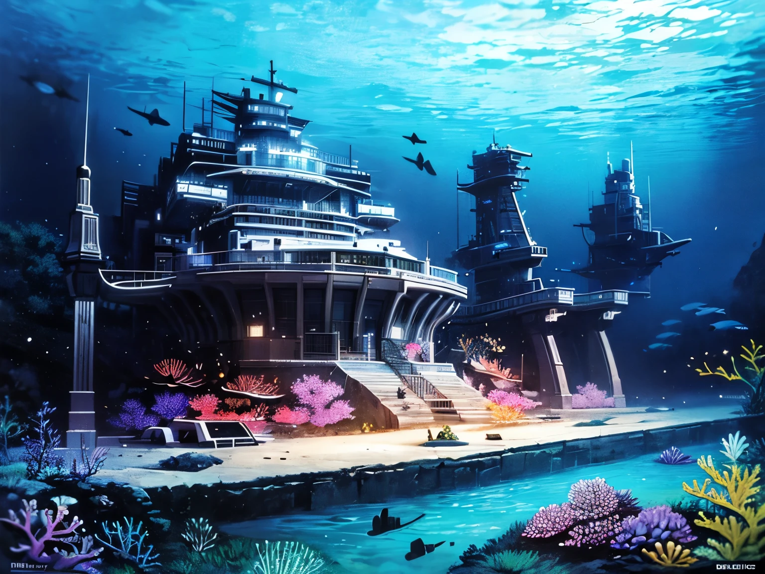 An underwater scene showing a secret futuristic military base hidden beneath the ocean near Cap Lahoussey. The structure is massive, metallic, advanced technology, with glowing lights illuminating the murky waters. Coral reefs and marine life surround the base, blending technology and nature. comics