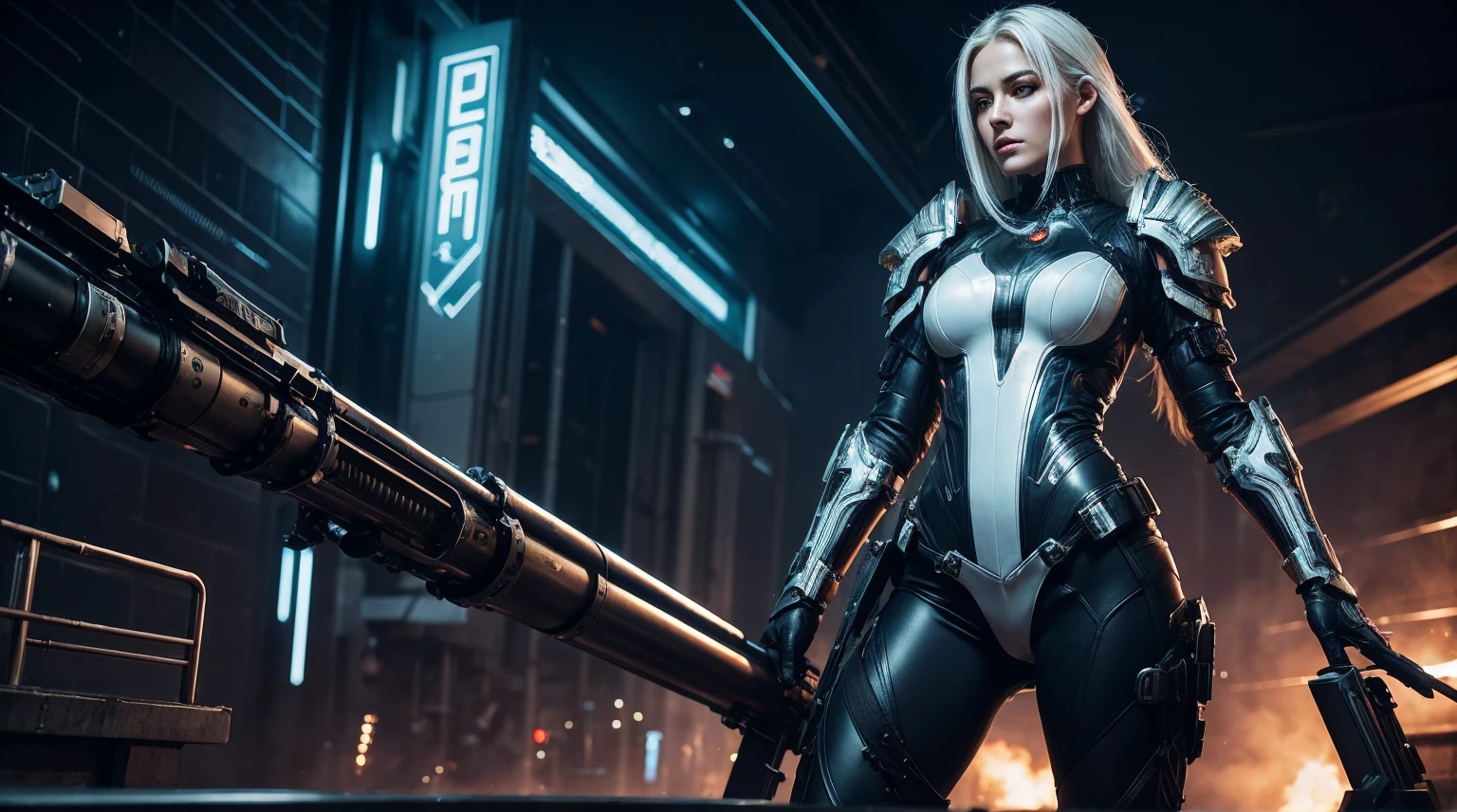 1 cyberpunk women,  solo,  8K high Resolution,  Masterpiece,  Best Quality,  hips up,  Abs,  Perfect Figure,  Ultra Fine Face,  Delicate Lips,  Beautiful,  dewy skin,  long flowing white hair,  futuristic battle armor with intricate sleek details,  detailed,  ferocious expression,  Slim thighs,  cinematic pose,  night,  standing,  On the deck of a battle ship,  in front of a massive mechanical rocket launcher Bazooka