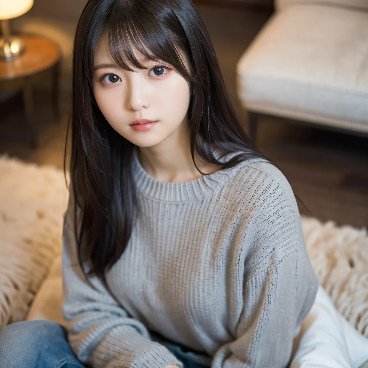  light gray knit setup ,  holding a cushion ,  in the living room in a snowy country,  angle from above ,  cool expression,  taking your gaze away from the camera or far away , Large living room ,  warm and simple interior,  girl, busty,  black hair,  straight hair,  with bangs, 's greatest masterpiece,  professional lighting, 