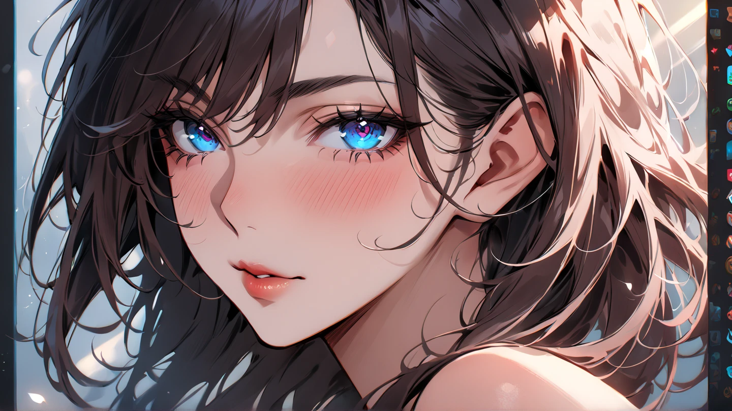 ( best quality , ultra-detailed, highres icon, masterpiece:1.2),  detailed eyes ,  dark hair,  realistic facial features , intense look, flawless skin, alluring,  soft and natural light,  bright colors ,SFW,Throw kisses 