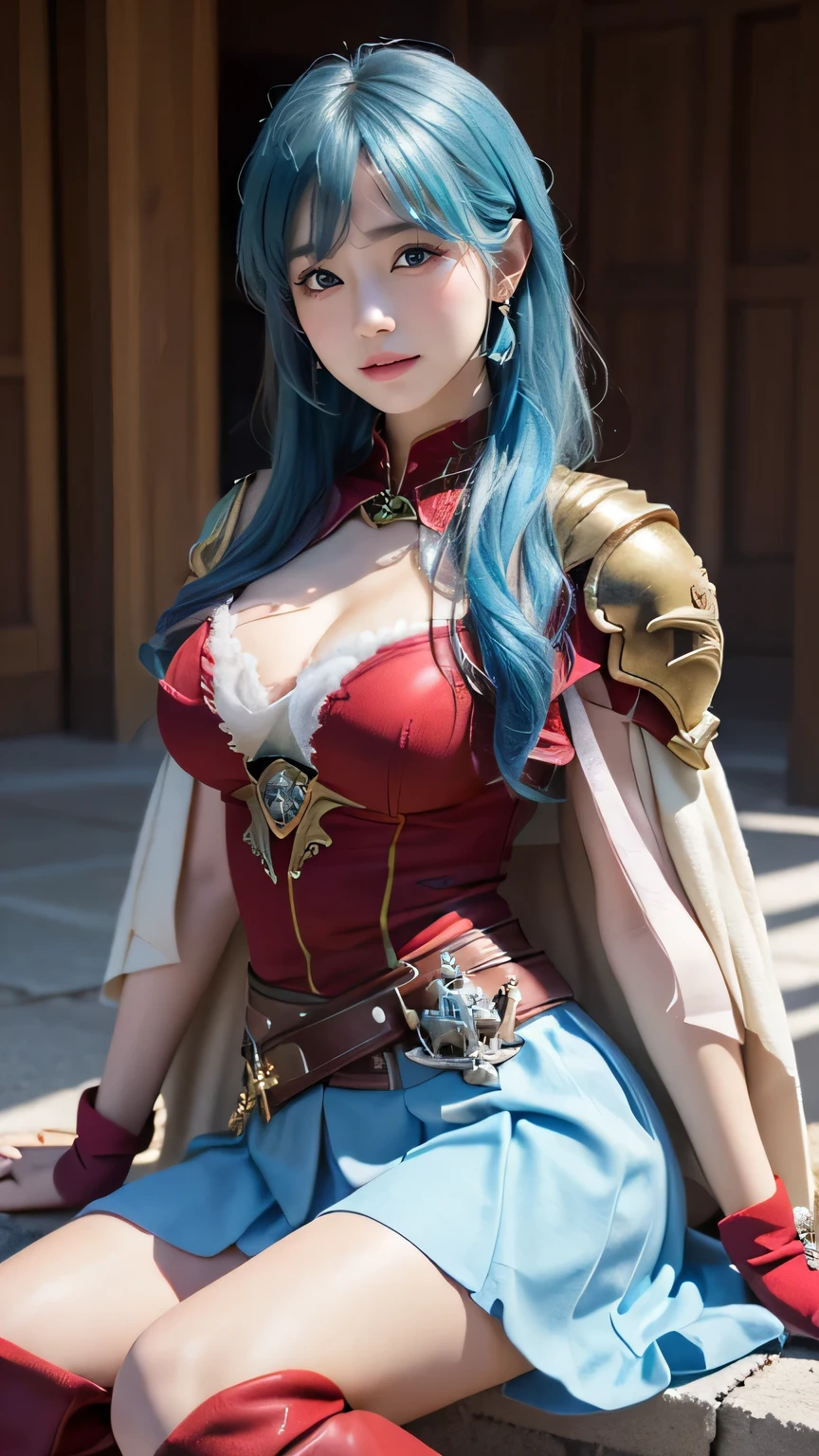 ((( top quality))), (( Masterpiece )), ( Details), ((alone)), (((((( def_Eirika:1.8,Cyan Hair, armor, white skirt, breastplate, yellow cape , absolute domain, fingerless gloves , thigh-length socks, knee-high boots, jewelry, earrings for women with first name, Puffy Short Sleeves, shoulder armor,belt, red shirt )))))), ((( slender body:1.4, Big Breasts, cleavage in years:1.1 ,Slim waist, thick thighs, Thin legs))),( cameltoe , camel toes), (( growing skin that exposes genitals , white skin, growing skin that exposes genitals )), Mysterious Light, ((( Girl with a well-groomed face ))), (( big eyes)), ((((((Droopy eyes)))))), (((( Exact Anatomy )))), Completely-valid , eyeshadow, 女性一人用の earrings for women with first name ,