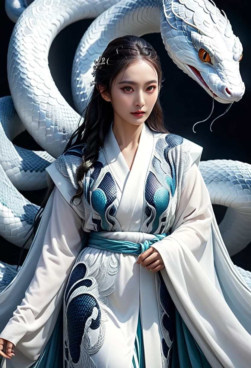 1 white snake, detailed realistic scales, striking eyes, forked tongue, slithering motion, intricate patterns, hyper realistic, elegant robe, glowing ethereal aura, intricate scales, glowing eyes, dramatic lighting, rich colors, vibrant, cinematic, award winning digital art, 8k, hyper detailed, photorealistic, ethereal, magical, mystical