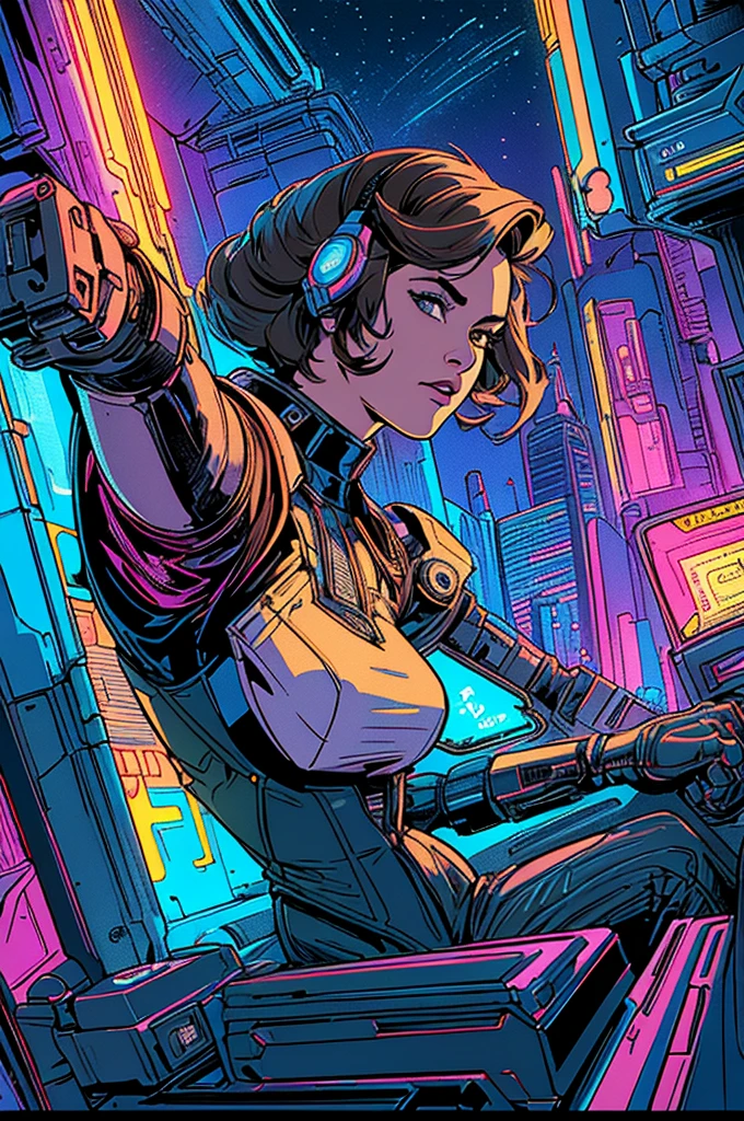 (((Top Quality Masterpiece ))),(((solo:1.2))),((( 1 woman :1.2))), 32K Highly Detailed Wallpaper , Retro Vintage Style ,(dynamic Angles),((( overwhelming highlights))),((most complex machine)), American comics with a very flashy color scheme,80s space thriller movie poster ,(((Detailed and perfect woman ))),((( bust up))),(Detailed cyberpunk background))),((( night view)))