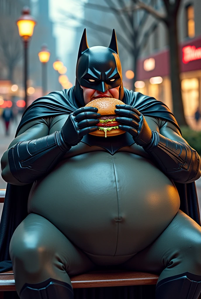 Really really fat batman sitting on top of a building enjoying a burger, looking down at Gotham city