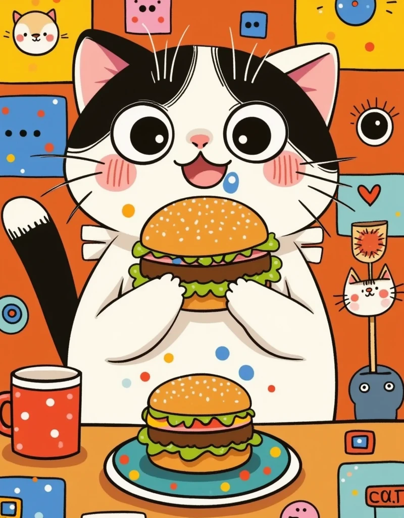 cartoon cat eat a hamHamburger and drinking soda at a table,  Bob Singer's concept map  , pixiv,  furry art , fat cat, chonker cat, cat eat, eat Hamburgers, eat a Hamburger, cat eat pizza, eat a hamHamburger, eat a cheeseHamburger, Hamburger, devours a hamHamburger, eat, obesity ), the cat is drinking tea, !!!! cat!!!!