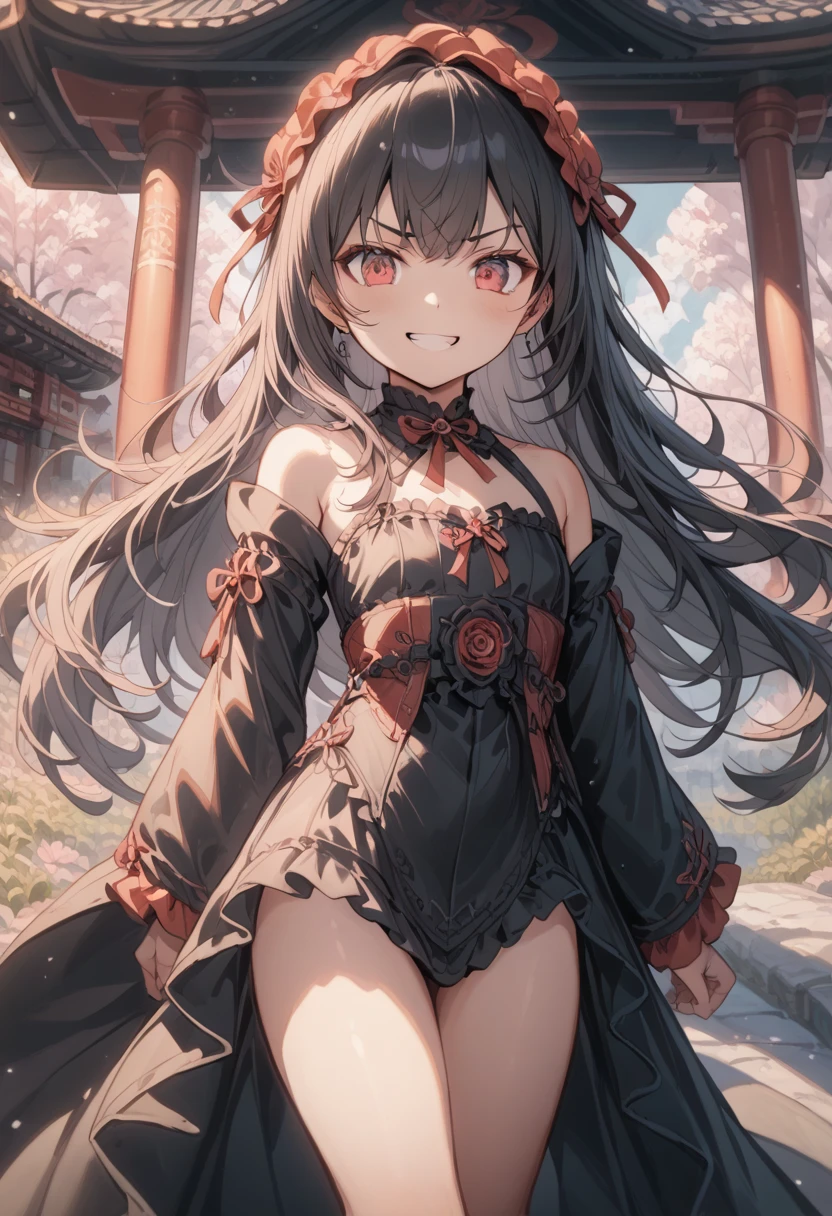 black hair, messy hair, bell, dragon horns, glaring, happy tears, wolf ears, food on face, pout, light smile, angry, annoyed, embarrassed, blush, tsundere, drooling, cowboy shot, nopan, pussy, peeing, swimming pool, 8k, masterpiece