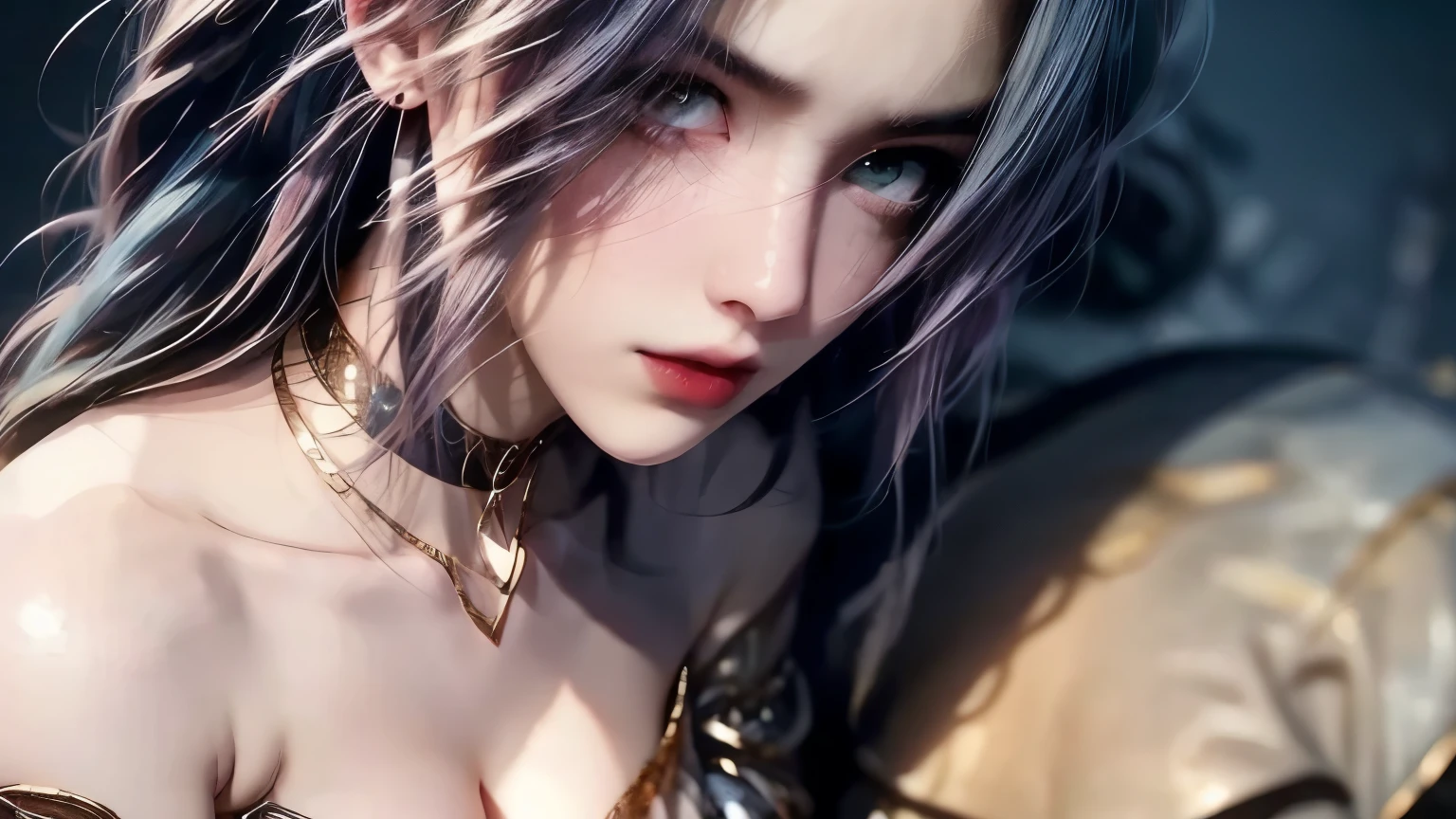 1girl, backlighting, bare shoulders, blurry, blurry background, blush, breasts, choker, cleavage, closed mouth, collarbone, earrings, forehead, hair over shoulder, jewelry, long hair, looking down,red lips, shadow, solo, thick eyebrows, thick eyelashes,