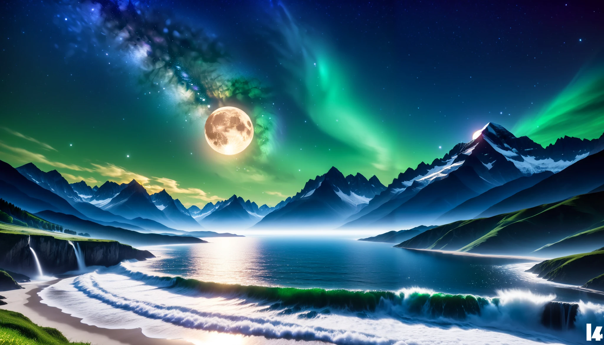 (greenく光る巨大な月),巨大なgreenい月, super high image quality, high definition , High Quality ,Detailed Scenery ,Night Sky,（Milky Way Galaxy）,The Alps,The giant moon and stars moving to the lake々, beautiful Artistic illustration , Ultramarine, green,  Purple , black, Majestic Atmosphere,An epic and mysterious moon,
