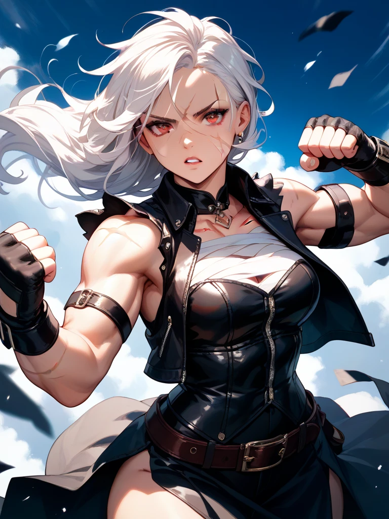 ((masutepiece)), Very detailed, Muscular girl with clearly visible abs and muscles, Fighting Pose, Realistic painting, by Michael S. Will Smith, (Body_builder: 1), (Dark green_Huge: 0.5), (1 girl: 1), (tearing breasts_Body: 1.5), (tearing breasts_tits out: 1.5), (muscular _Body: 0.9), Long hair, chain, ((The upper part of the body_Body) ))Real, ((Extremely detailed:1.3)),thunder, ((Chained, Chains Everywhere)), (((Chain Chain))), ((silver-haired mature woman)) Square cut bangs, ((Big breasts that are about to burst)), sexyposture, cleanshaven, Abs, Brown furry vest, Muscular thighs, Plump face, Perfect eyes, Perfect hands, Glare Display, Angry scream, raging expression, post-apocalyptic swamp ruins setting, Dynamic Pose, Dynamic Angle