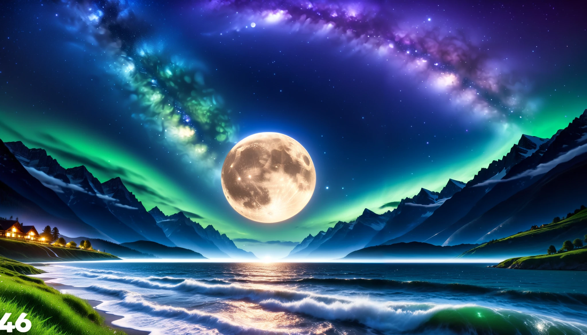 (greenく光る巨大な月),巨大なgreenい月, super high image quality, high definition , High Quality ,Detailed Scenery ,Night Sky,（Milky Way Galaxy）,The Alps,The giant moon and stars moving to the lake々, beautiful Artistic illustration , Ultramarine, green,  Purple , black, Majestic Atmosphere,An epic and mysterious moon,
