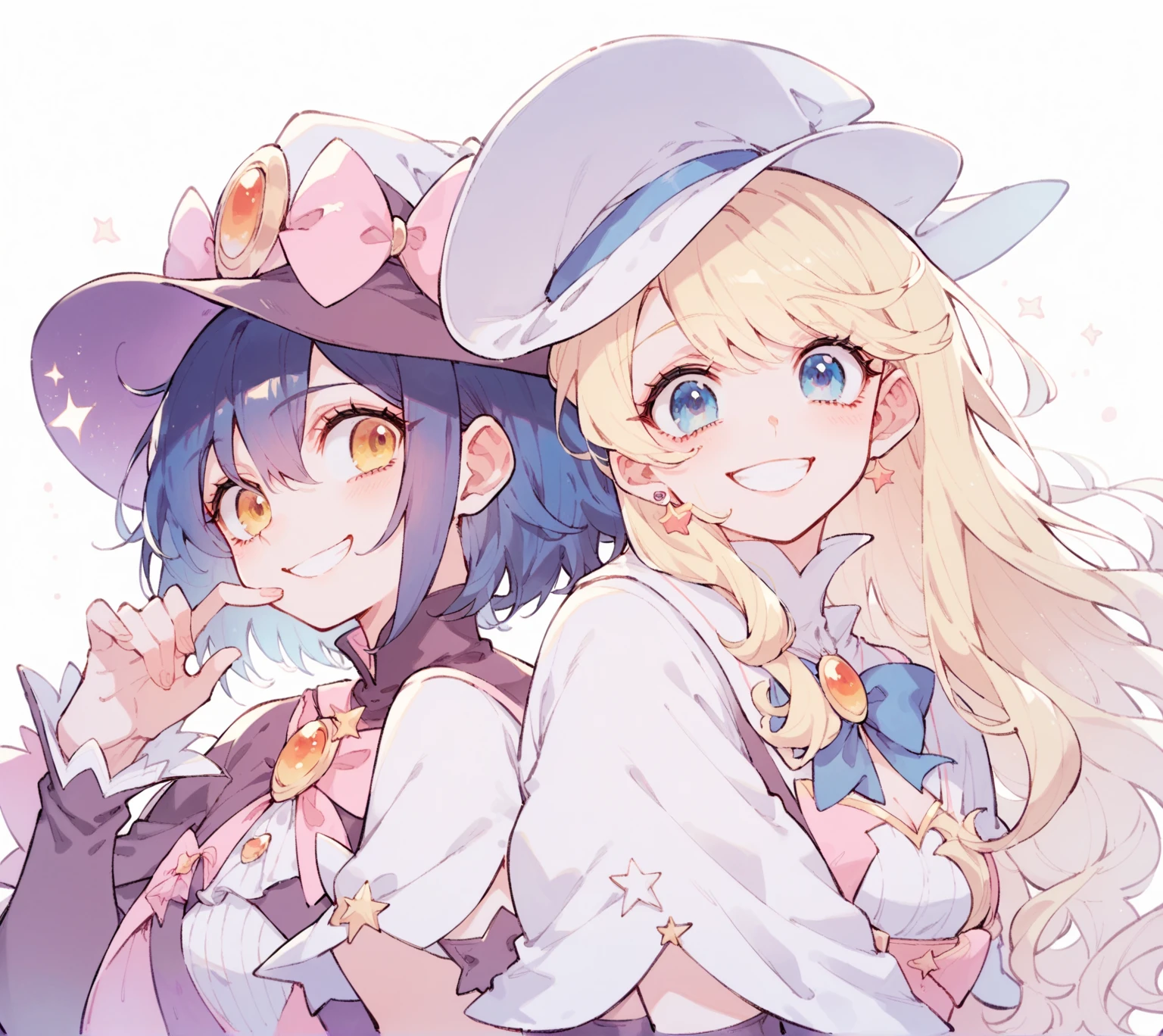 lesbian, two anime girls, magical girl, first girl (long hair, blonde hair, soft hair, witch hat, blue eyes, smile) second girl (short hair, blue hair, witch hat, yellow eyes, smile)