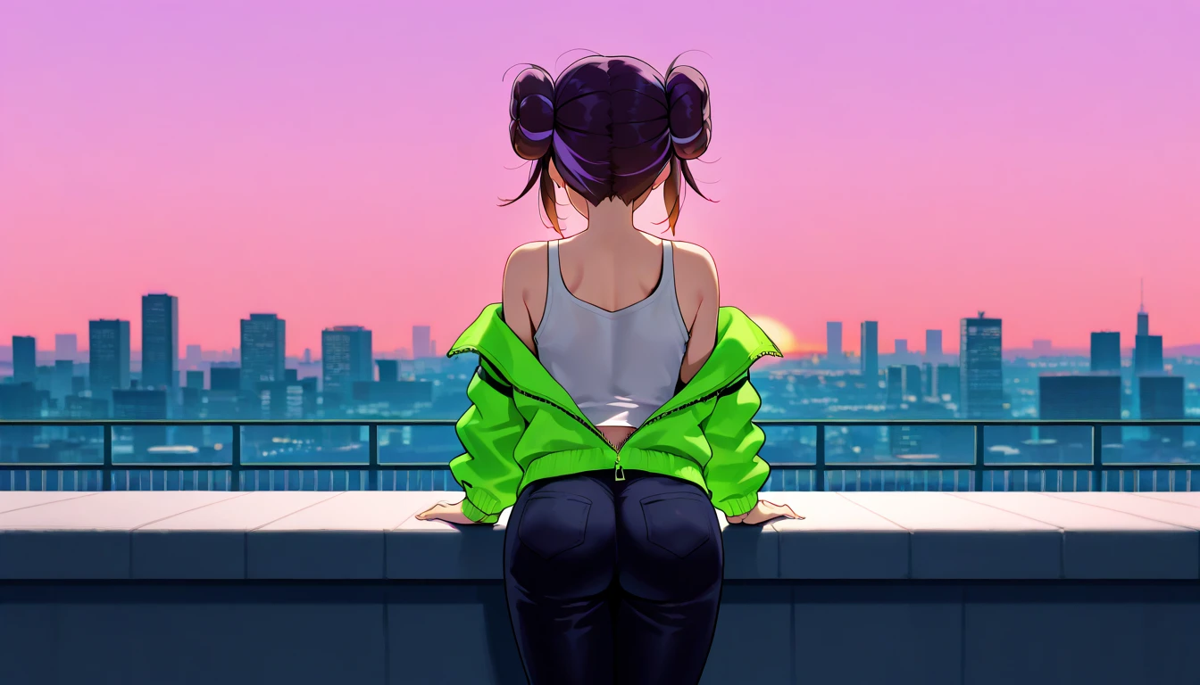 "A woman with auburn hair tied in a messy bun with dark purple streaks works on her laptop at a rooftop lounge during sunset. She wears a white tank top and an olive-green jacket, unzipped casually. The city skyline and vibrant orange-pink sky create a breathtaking, modern aesthetic."