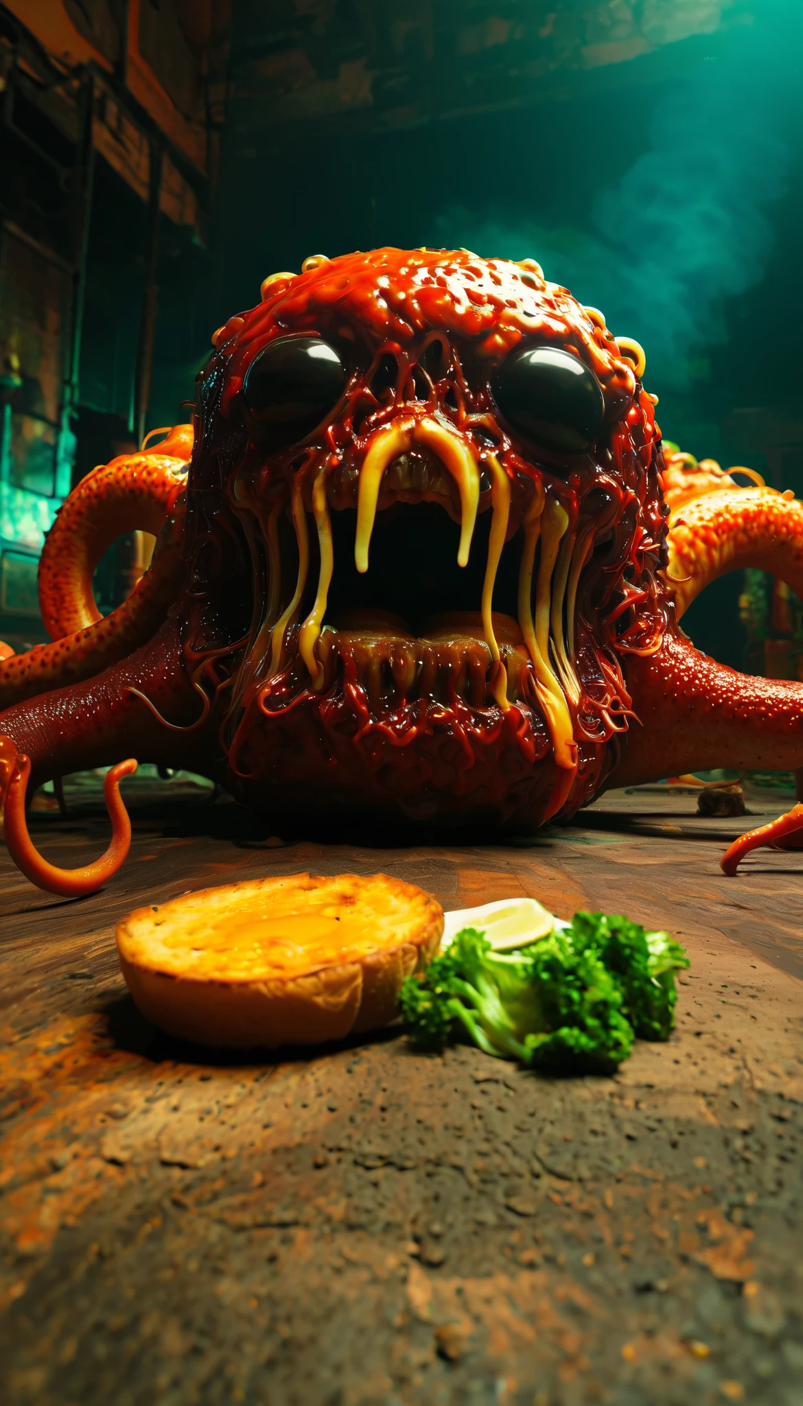 A monster with tentacle eyes bent down, Open your mouth and enjoy a huge one, steaming burger on the floor, Fisheye lens, cinematic footage, ( masterpiece, best quality, Good quality), Remember , detailed silhouettes,  bright colors ,  atmospheric lighting